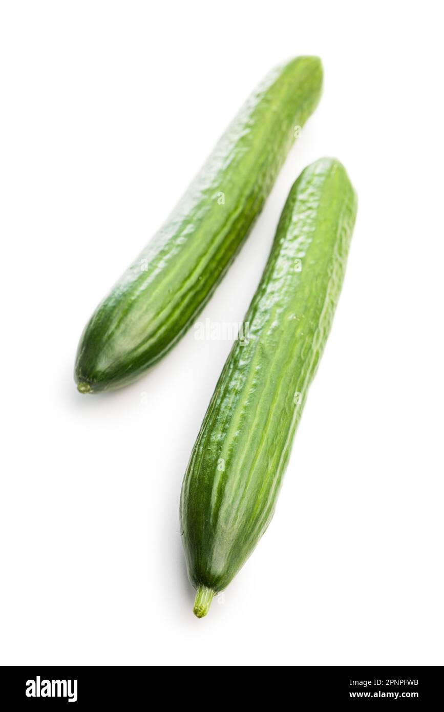 Fresh green cucumbers isolated on the white background. Stock Photo
