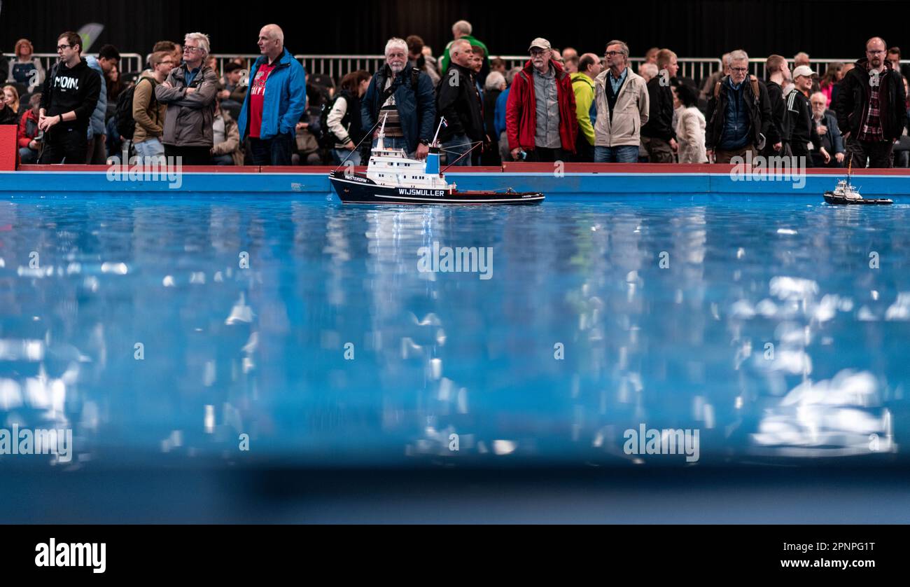 Dortmund, Germany. 20th Apr, 2023. A model boat sails across a pool in