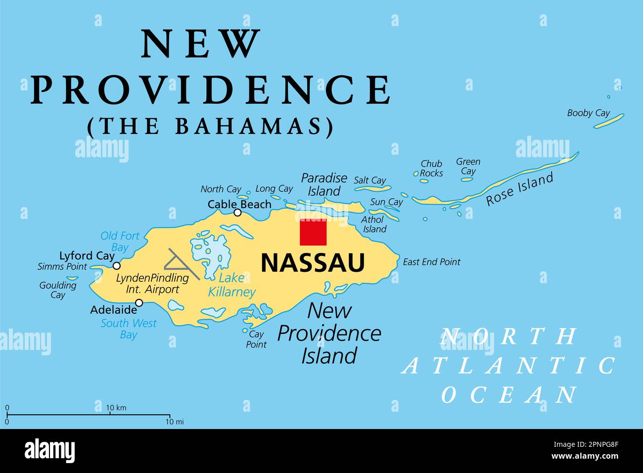 New Providence Island, political map, with Nassau, the capital of The Bahamas, an island country within the West Indies in the North Atlantic. Stock Photo