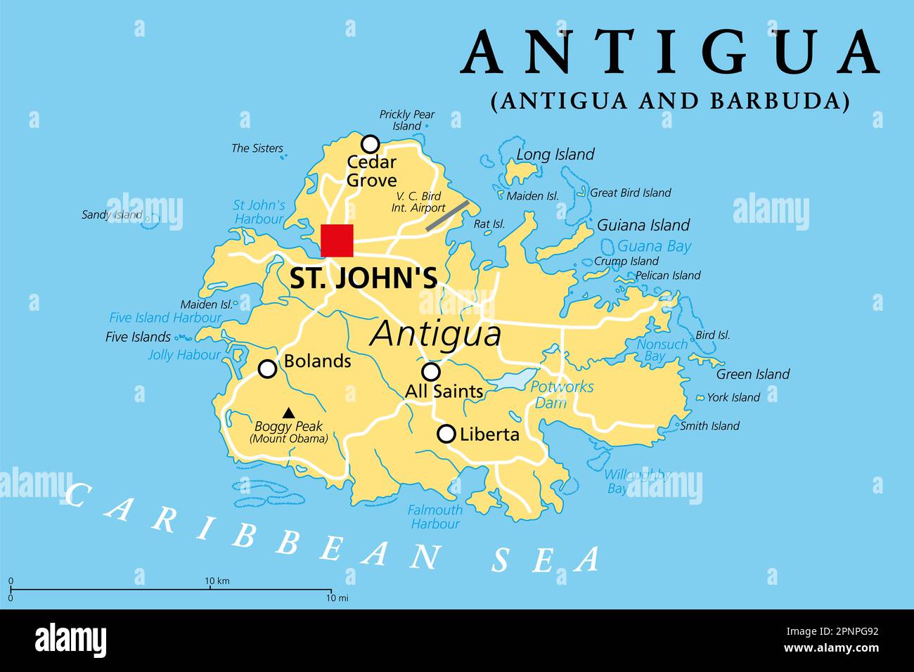 Antigua, island in the Lesser Antilles, political map. One of the Leeward Islands in the Caribbean region, and the most populous island of the country. Stock Photo