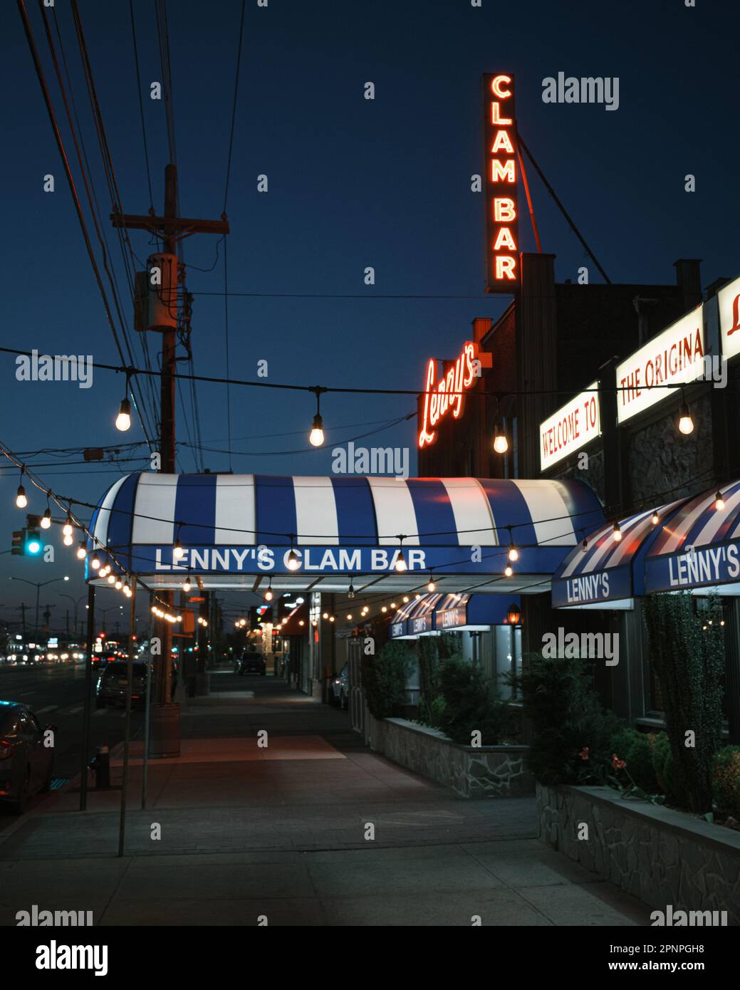Lennys Clam Bar vintage signs at night, in Howard Beach, Queens, New