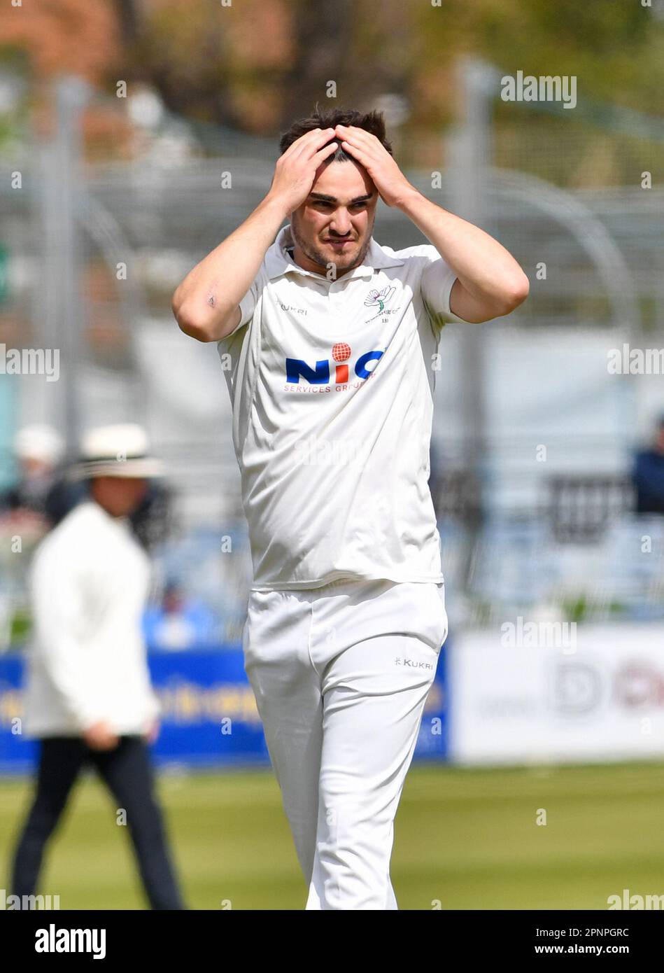 Hove UK 20th April 2023 -  Yorkshire bowler Jordan Thompson in action against Sussex during the LV= Insurance County Championship cricket match at the 1st Central County Ground in Hove : Credit Simon Dack /TPI/ Alamy Live News Stock Photo