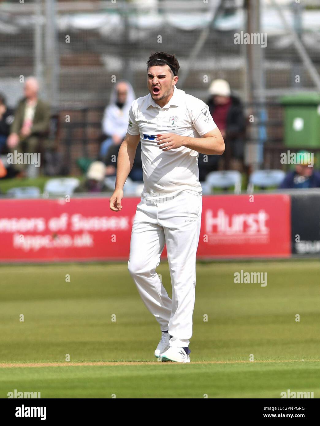 Hove UK 20th April 2023 -  Yorkshire bowler Jordan Thompson appeals for a wicket against Sussex during the LV= Insurance County Championship cricket match at the 1st Central County Ground in Hove : Credit Simon Dack /TPI/ Alamy Live News Stock Photo
