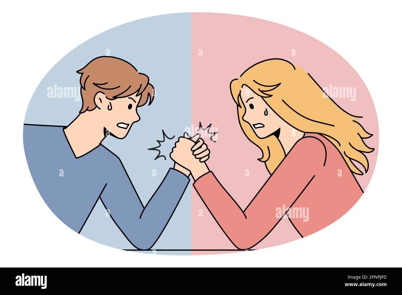 Gender conflicts and sexism concept. Furious Male and female competing in arm wrestling representing gender conflicts between each other vector illustration Stock Vector