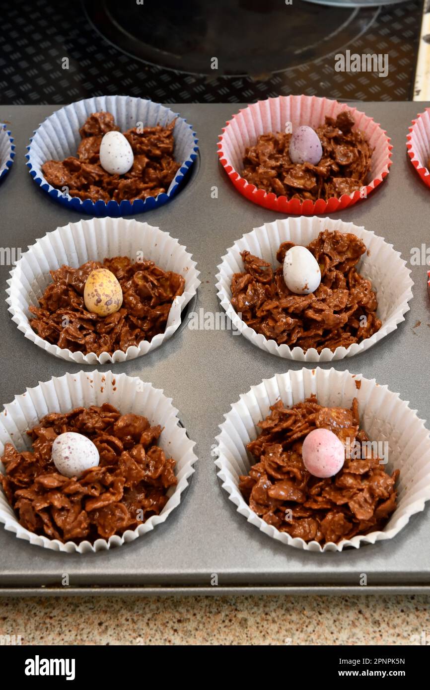Chocolate Haystacks in a Muffin Tin for Easter Time Stock Photo