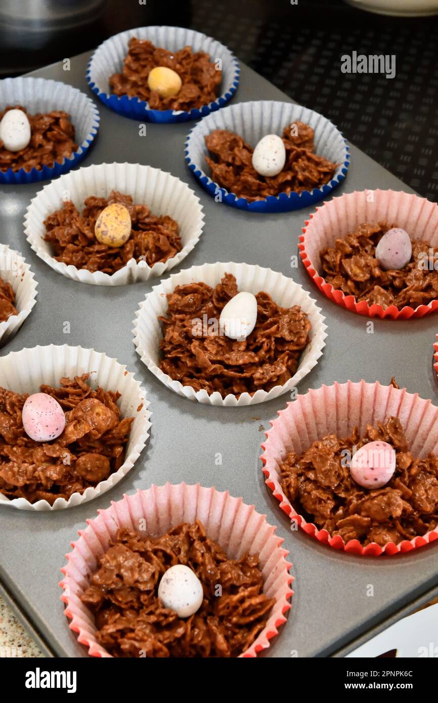 Chocolate Haystacks in a Muffin Tin for Easter Time Stock Photo