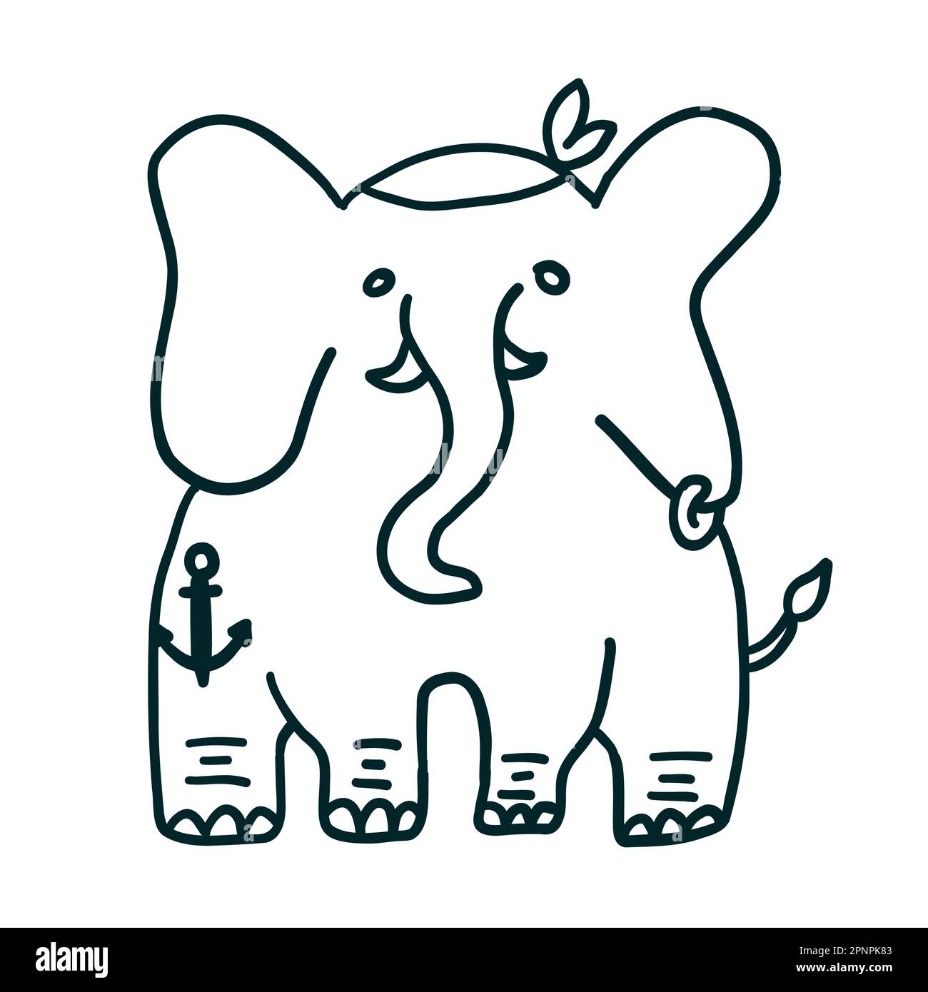 Elephant pirate. Vector illustration in outline doodle style isolated on white background. Stock Vector