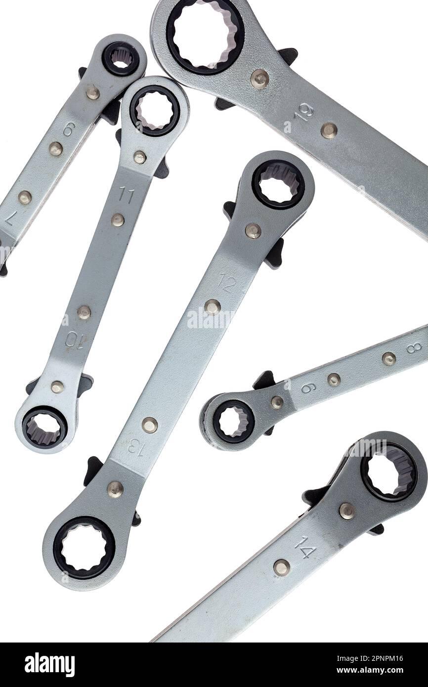 Set of Spanner ratchet wrench on white background. Hand tools. Stock Photo