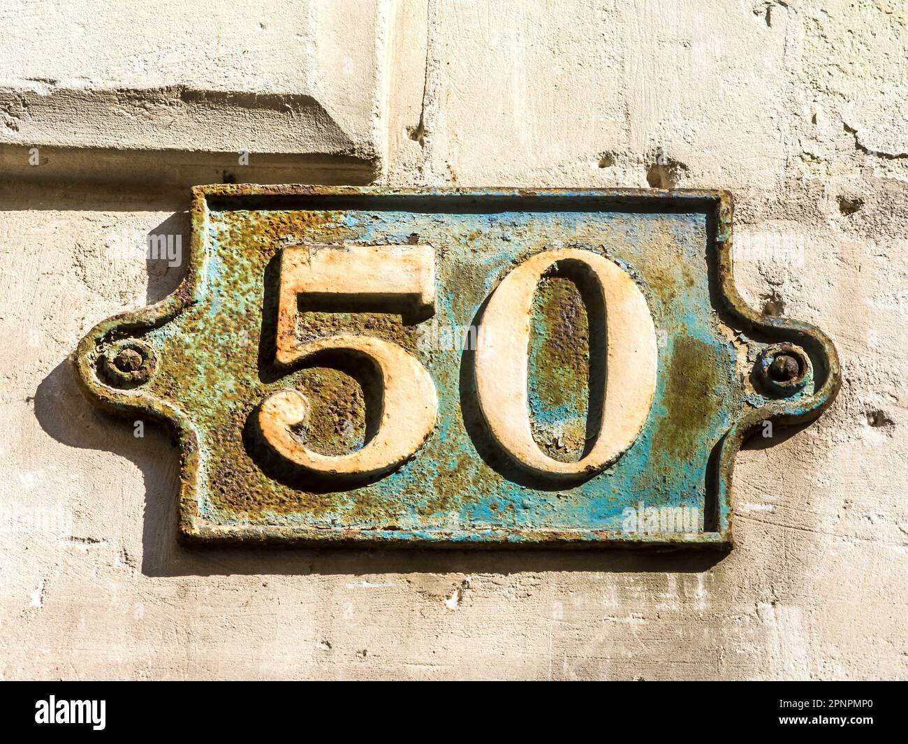 Old cast iron house number 50, Tours, Indre-et-Loire (37), France. Stock Photo