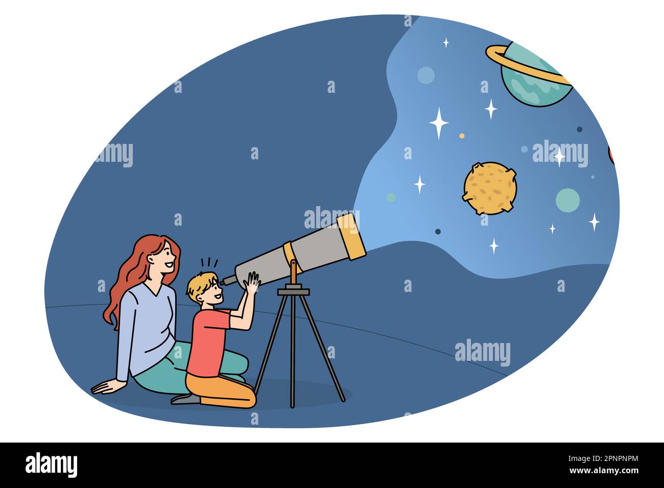 Exploring world with kids concept. Smiling happy mother sitting and