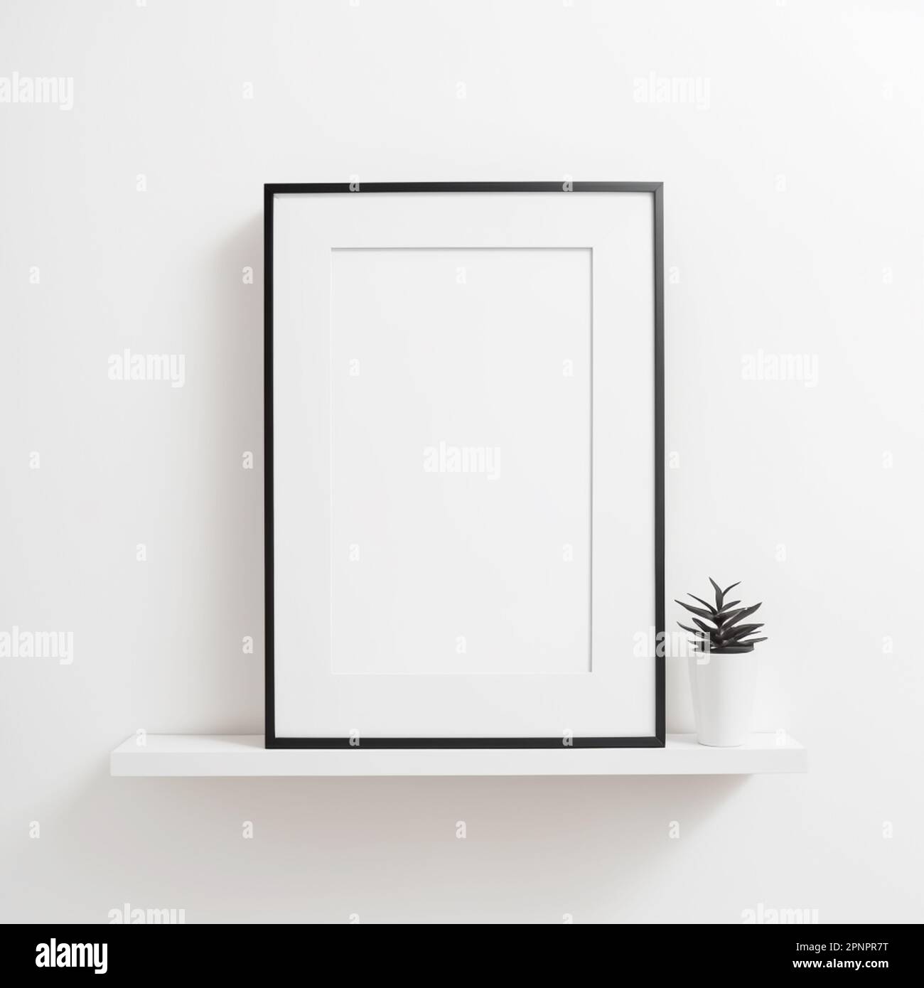 Black picture frame with rectangular vertical shape standing on a white shelf on a wall mockup for pictures and posters Stock Photo