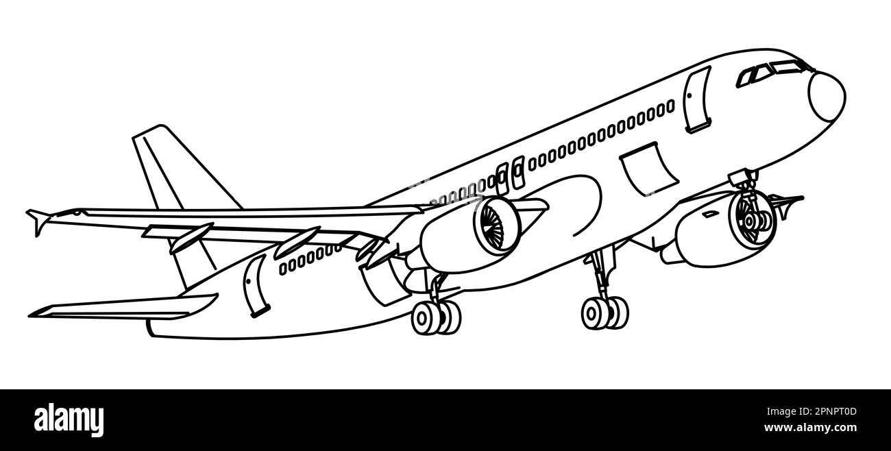 Black and white drawing, simple line, spirit 'ligne claire'. Airbus A320 take-off. Stock Photo