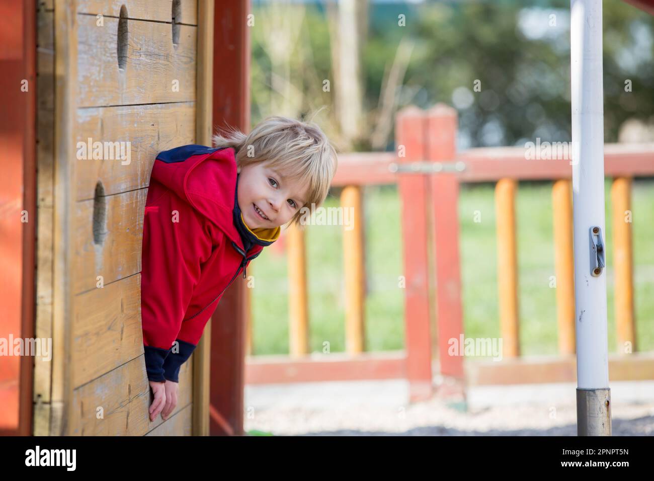Cute toddler child, blond boy, playing on the playground, springtime ...