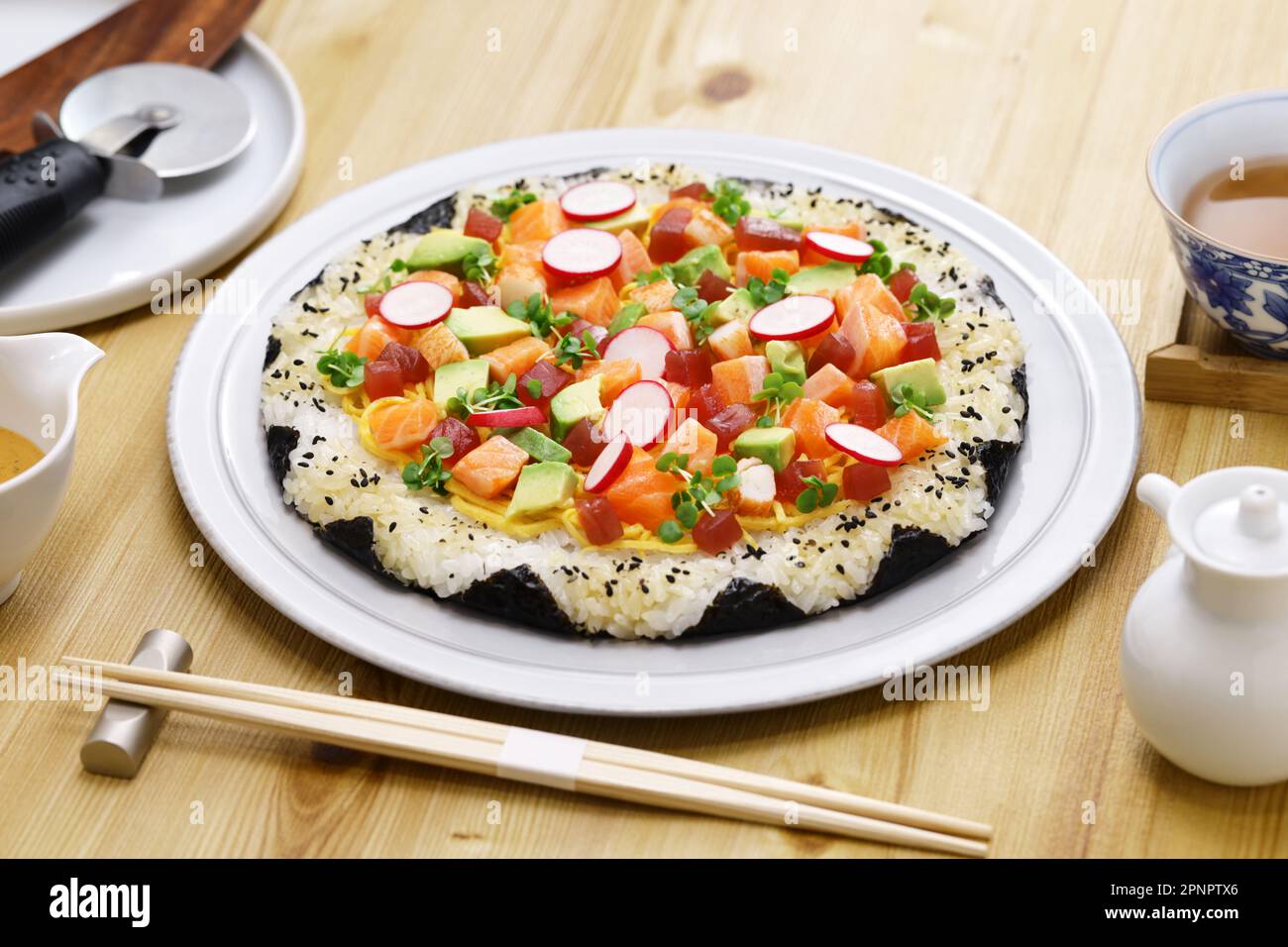 homemade Sushi pizza, creative sushi originating in Toronto, Canada