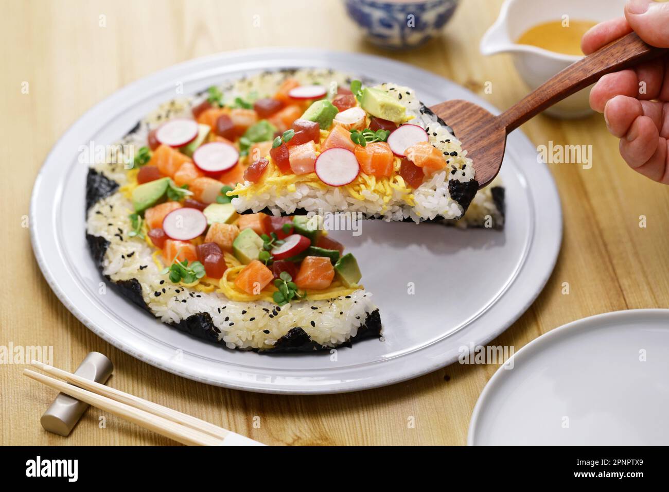 homemade Sushi pizza, creative sushi originating in Toronto, Canada Stock Photo