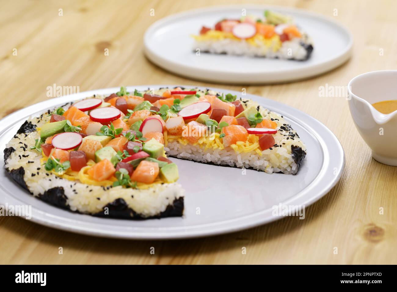 homemade Sushi pizza, creative sushi originating in Toronto, Canada Stock Photo