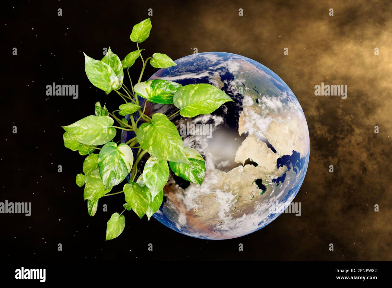 Earth day concept with Earth globe and green plants. Stock Photo