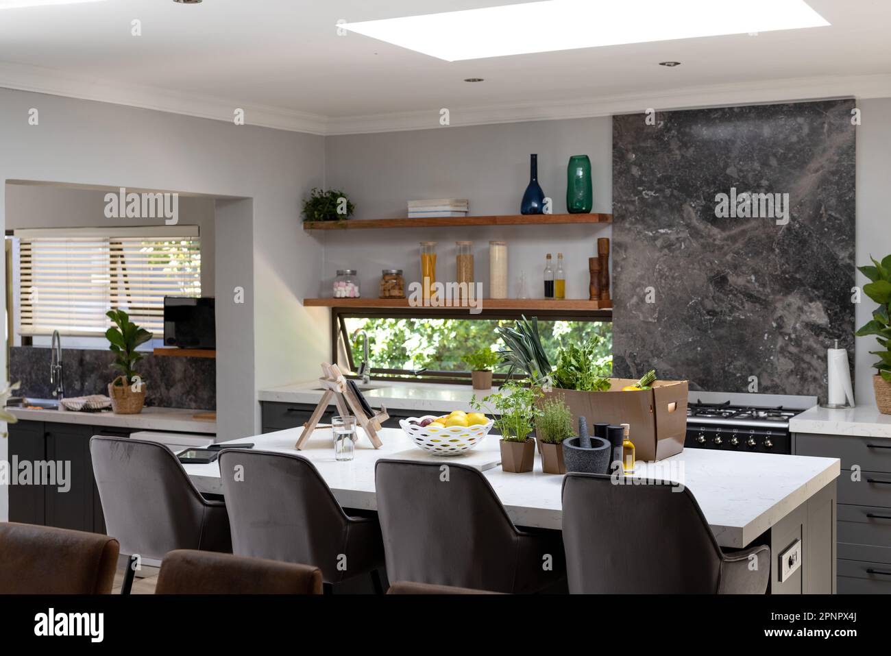 General view of kitchen with countertop, shelves and kitchen equipment