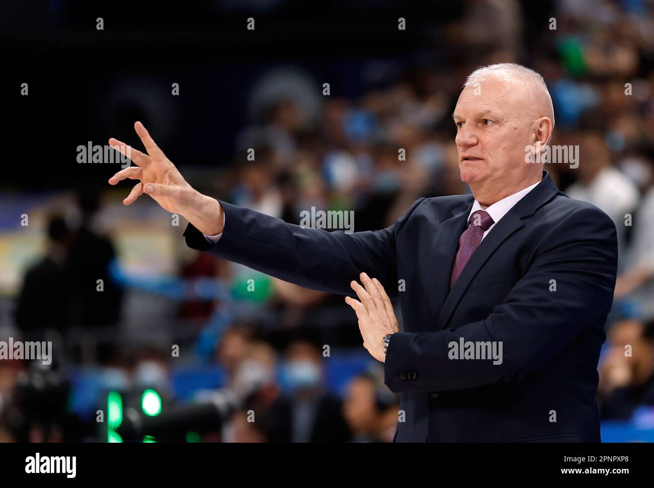 Beijing, China. 20th Apr, 2023. Ernest Raden, coach of Beijing Ducks, gestures during the Game 2 of the best-of-three quarterfinals between Beijing Ducks and the Liaoning Flying Leopards at the playoffs of 2022-2023 season of the Chinese Basketball Association (CBA) league in Beijing, capital of China, April 20, 2023. Credit: Wang Lili/Xinhua/Alamy Live News Stock Photo