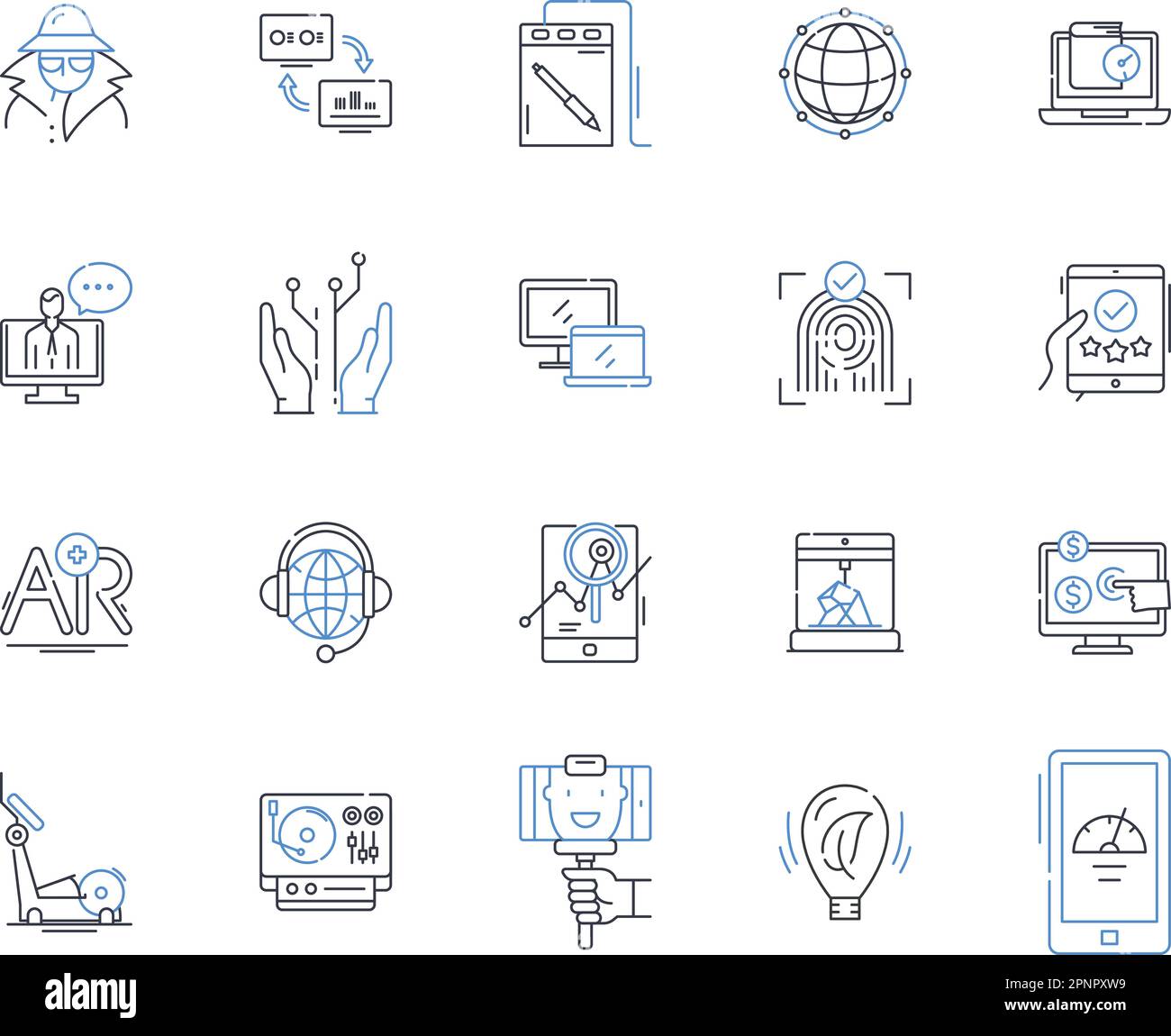 Wireless tech line icons collection. Bluetooth, Wi-Fi, NFC, Infrared, G, Antenna, Router vector and linear illustration. Modem,Satellite,Broadband Stock Vector
