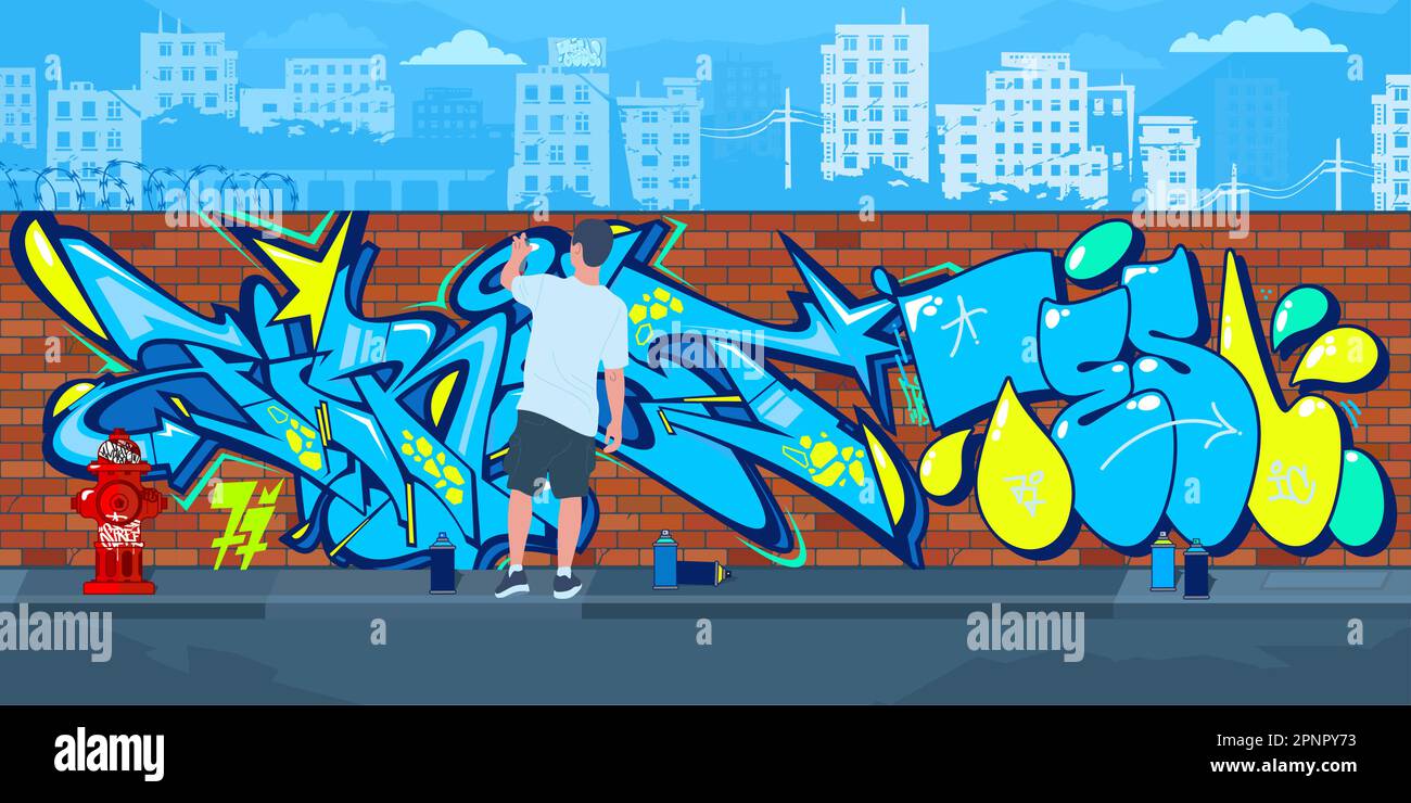 Colorful Outdoor Urban Streetart Graffiti Wall With Drawings Against