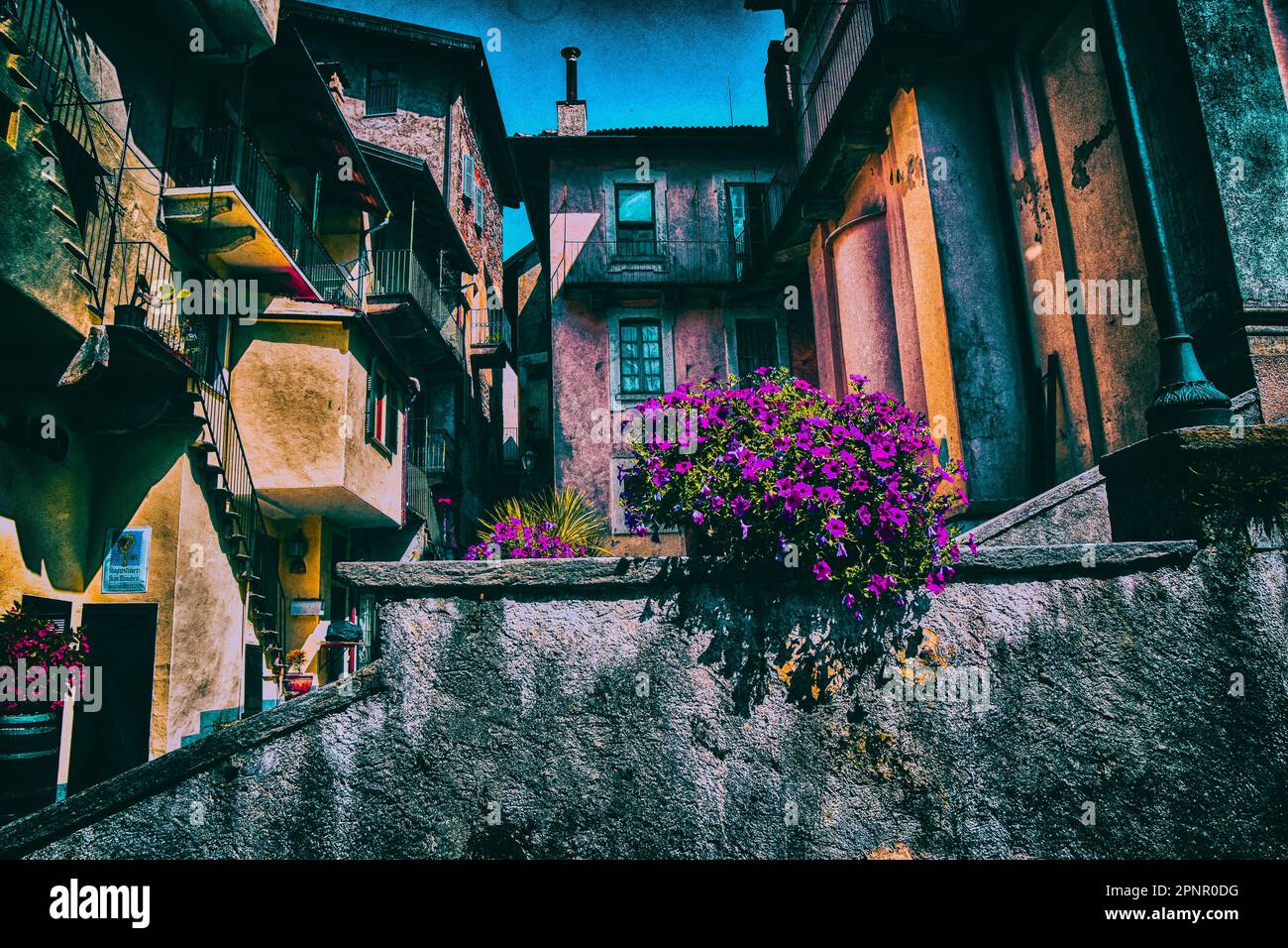 Colourful houses in a traditional village, Isola Bella, Piedmont, Italy