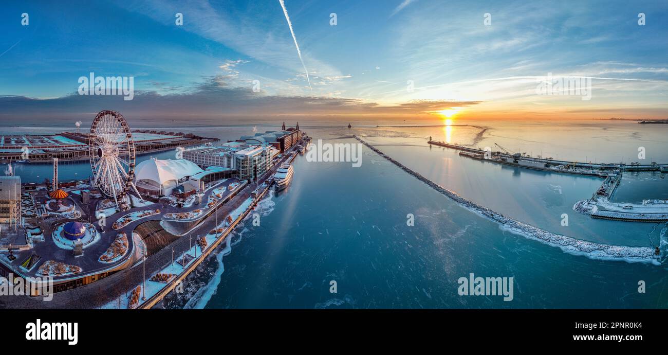 Aerial view of Navy Pier and Lake Michigan waterfront at sunrise ...