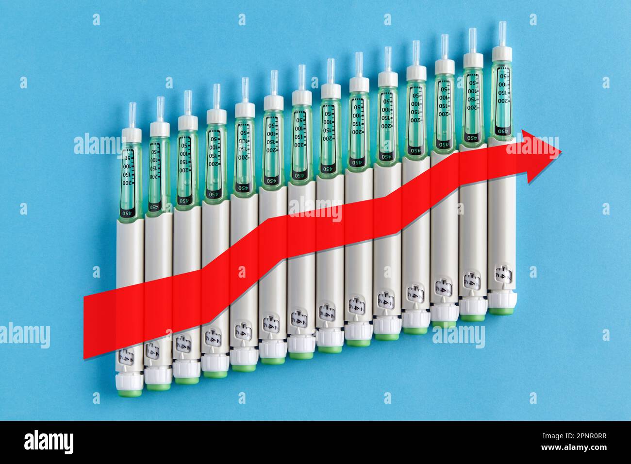 Diabetic insulin pens lined up in an ascending chart with a red uptrend
