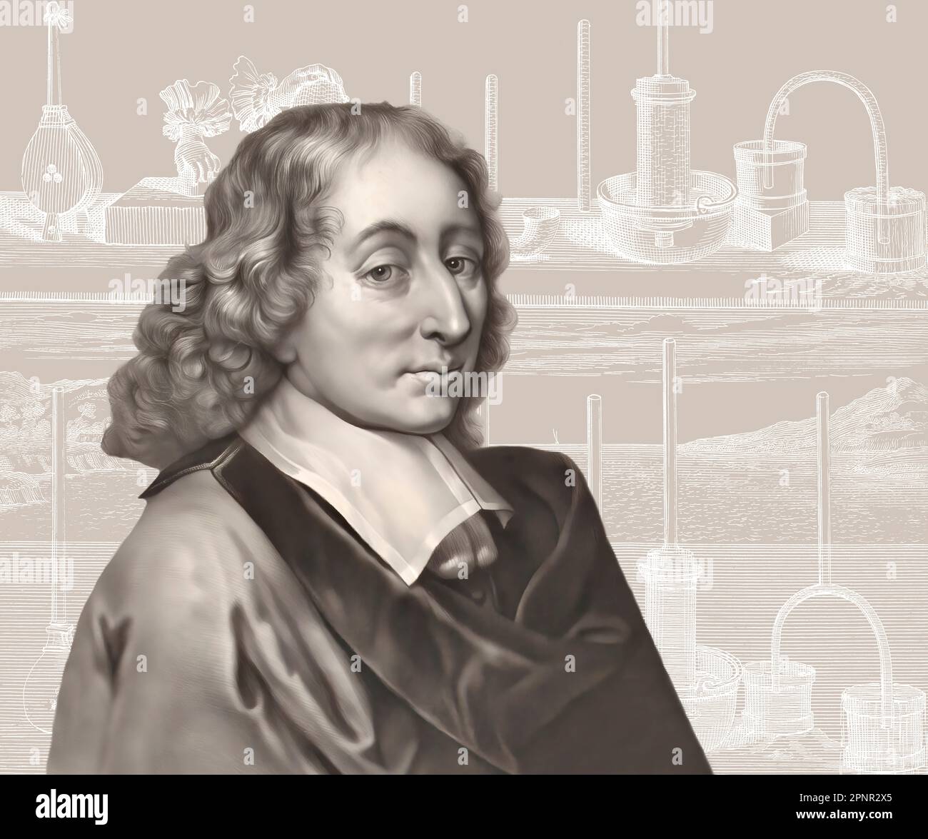 Portrait of Blaise Pascal with a page of Traitez de l'equilibre des liqueurs, et de la pesanteur de la masse de l'air, 1663 Stock Photo