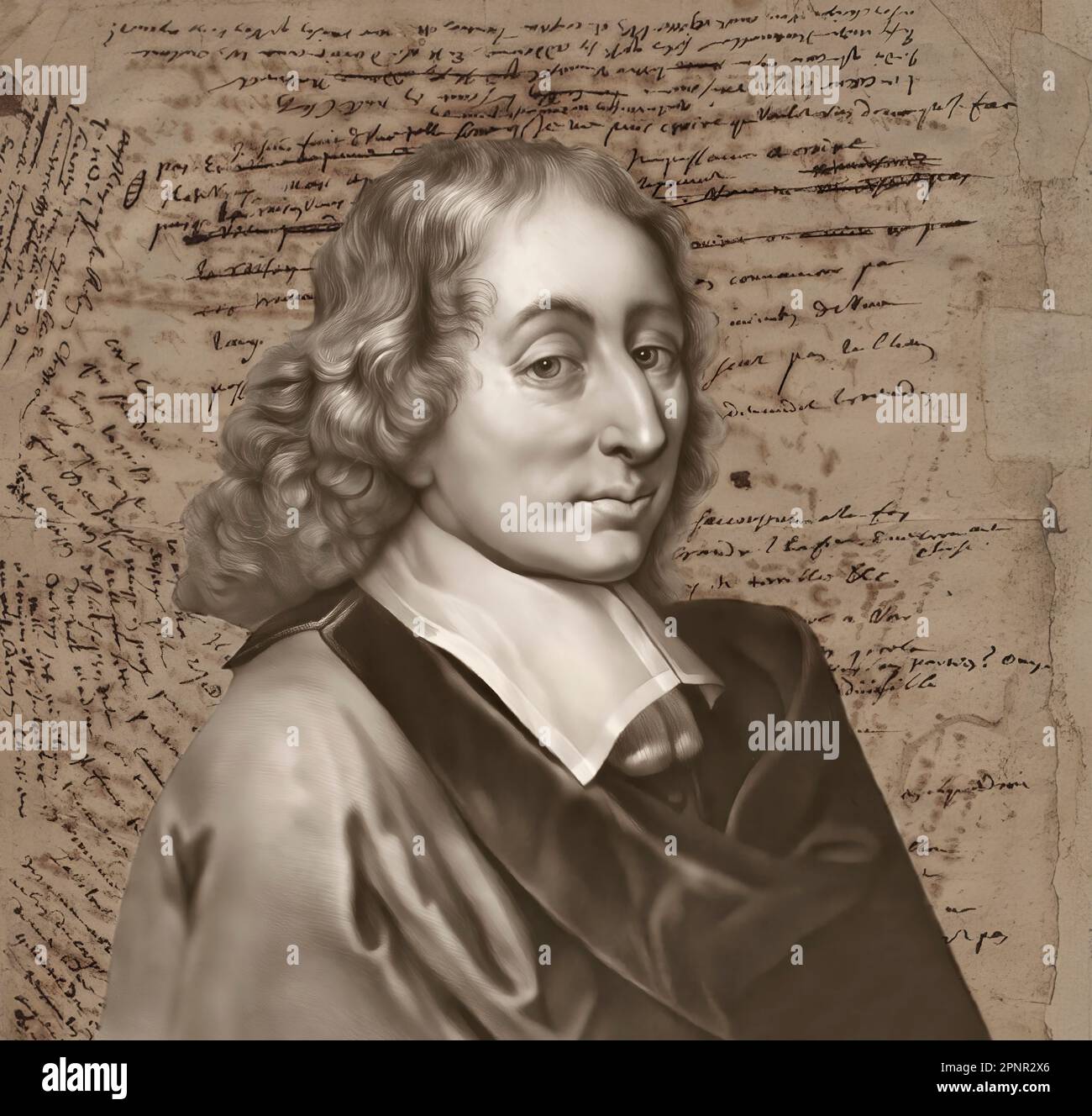 Portrait of Blaise Pascal with his handwritten manuscript, Pensées de Pascal, thoughts on religion, 1670 Stock Photo