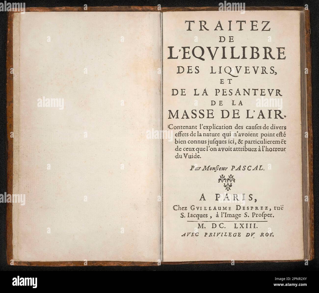 Title of Traitez de l'equilibre des liqueurs, et de la pesanteur de la masse de l'air, by Blaise Pascal, 1663 Stock Photo
