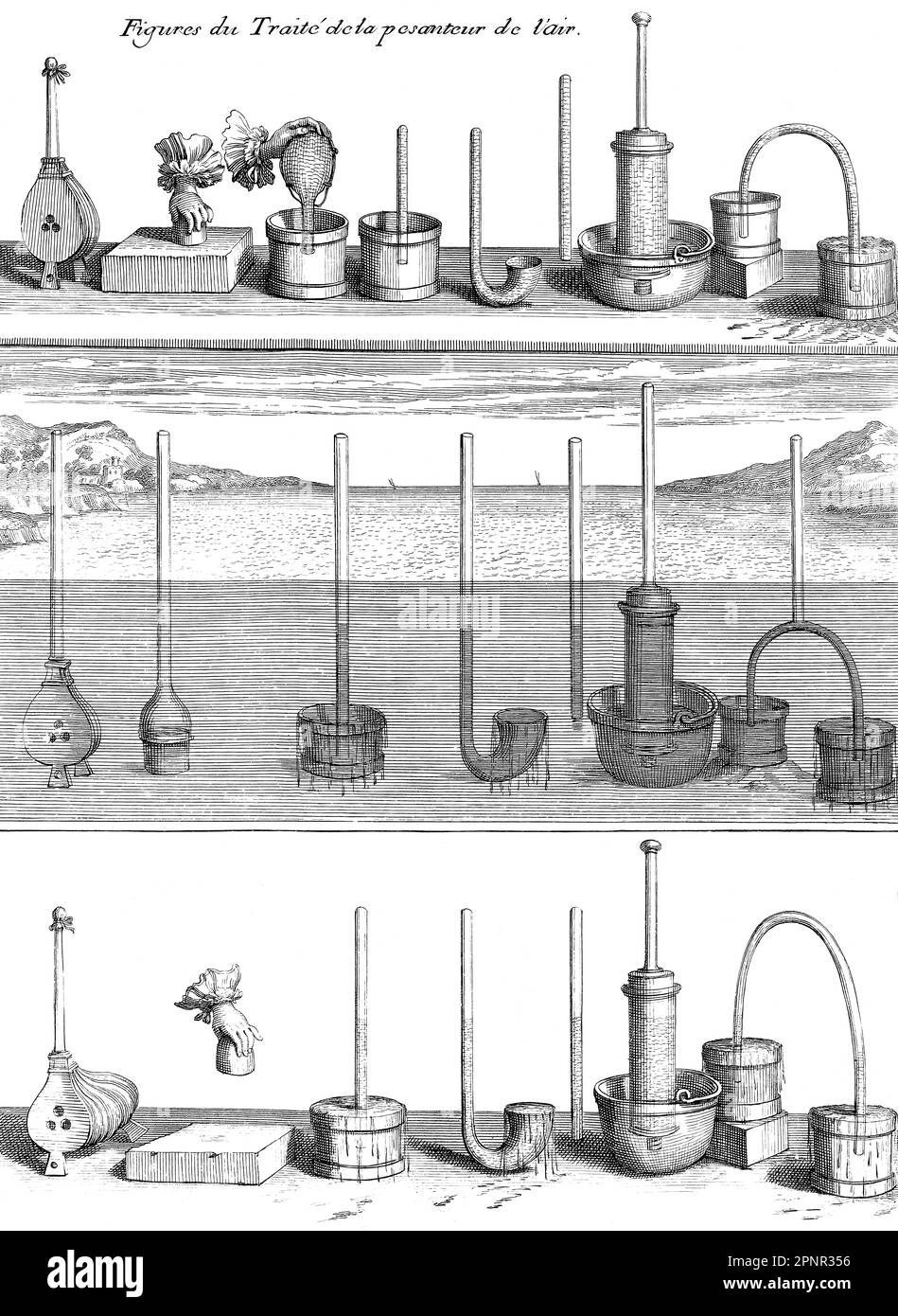 Page fromthe book Traitez de l'equilibre des liqueurs, et de la pesanteur de la masse de l'air, by Blaise Pascal, 1663 Stock Photo