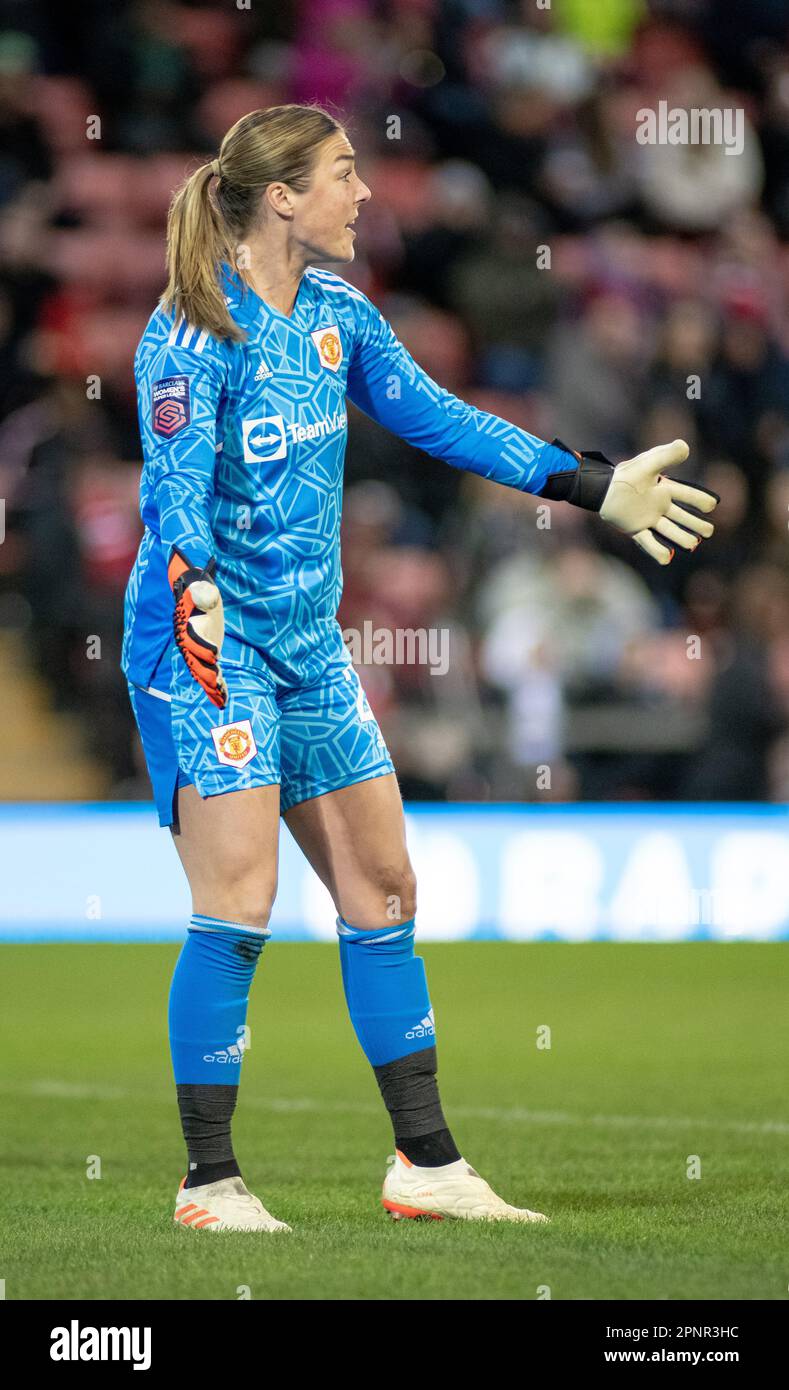 Leigh Sports Village, Leigh, Greater Manchester, England. 19th April 2023. United goalkeeper Mary EARPS, during Manchester United Women Football Club V Arsenal Women Football Club at Leigh Sports Village, in the Barclays Women's Super League/Women’s Super League. (Credit Image: ©Cody Froggatt/Alamy Live News) Stock Photo