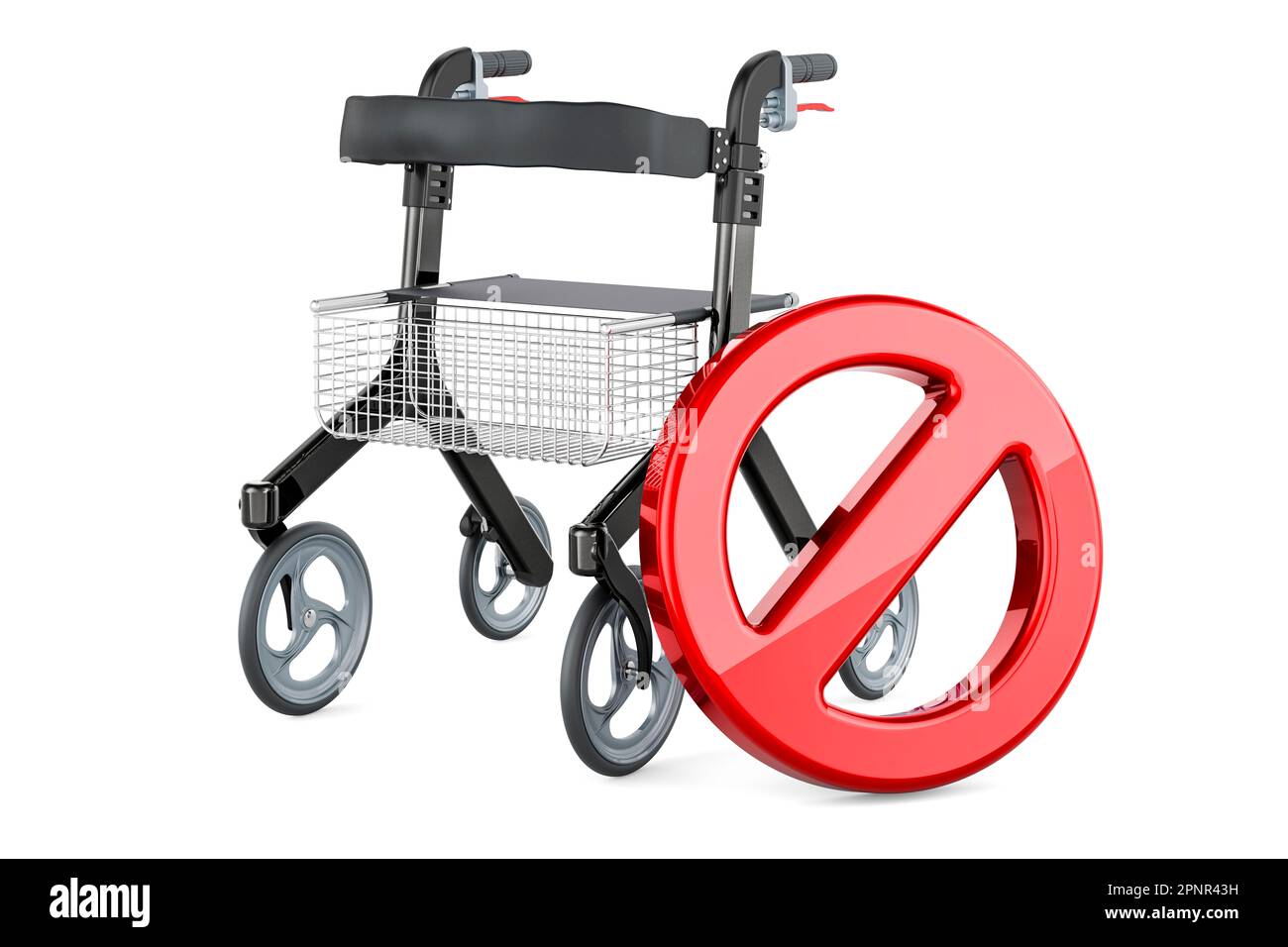 Rollator for elderly with forbidden symbol, 3D rendering isolated on white background Stock Photo