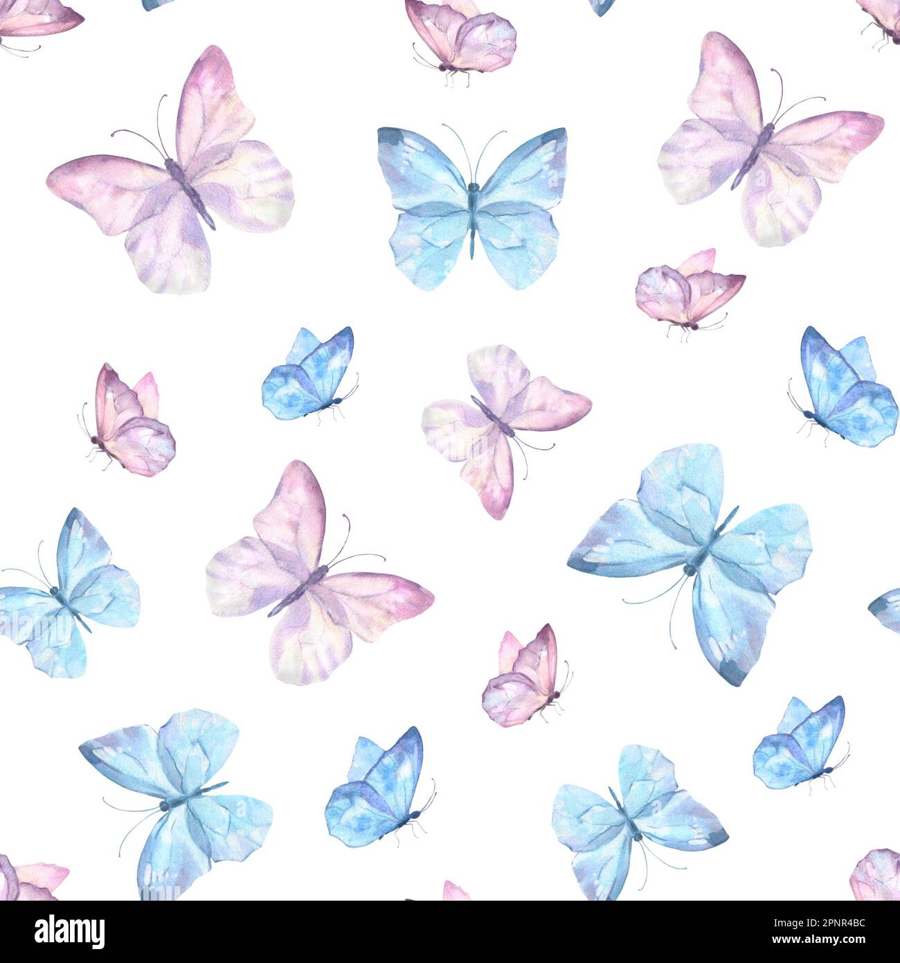 Cute butterflies hand drawn watercolor seamless pattern. Delicate blue ...