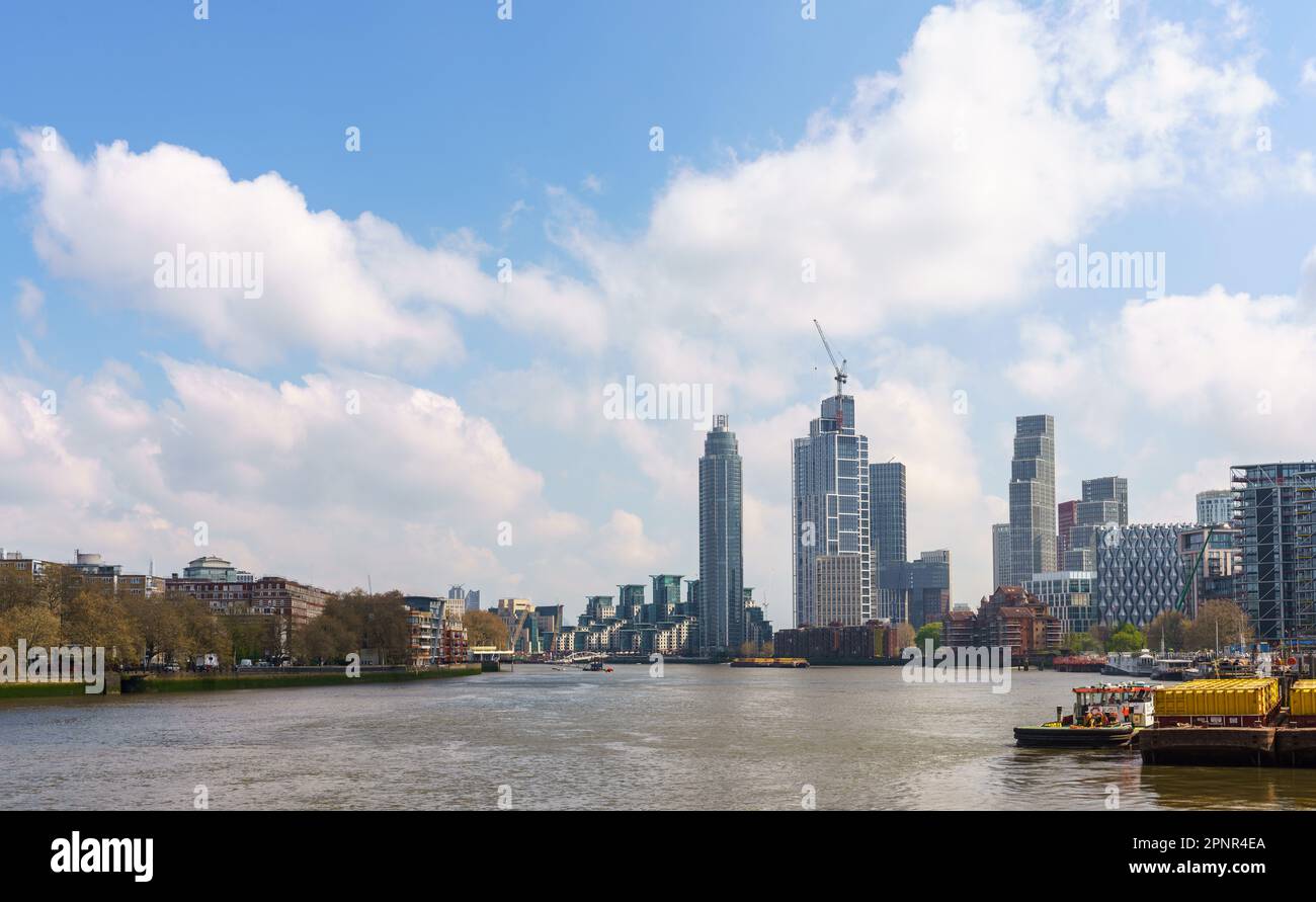 The London (UK) skyline as seen from Battersea power station: The Tower and to the left residential apartments at St Georges Wharf (south bank). Stock Photo