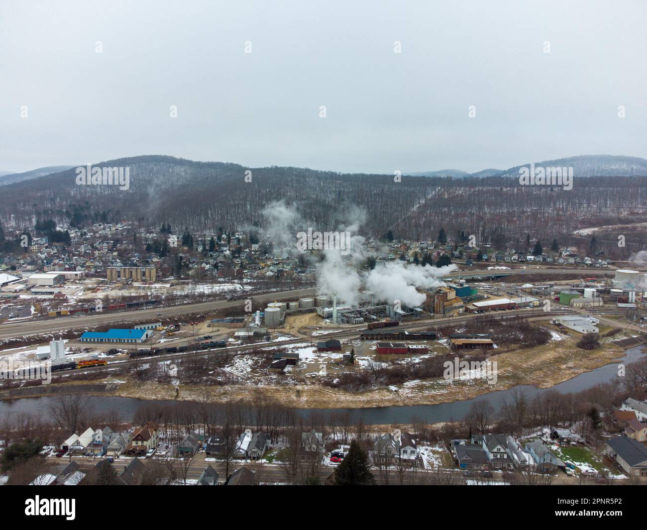 A beautiful aerial view of the city of Bradford, Pennsylvania in the
