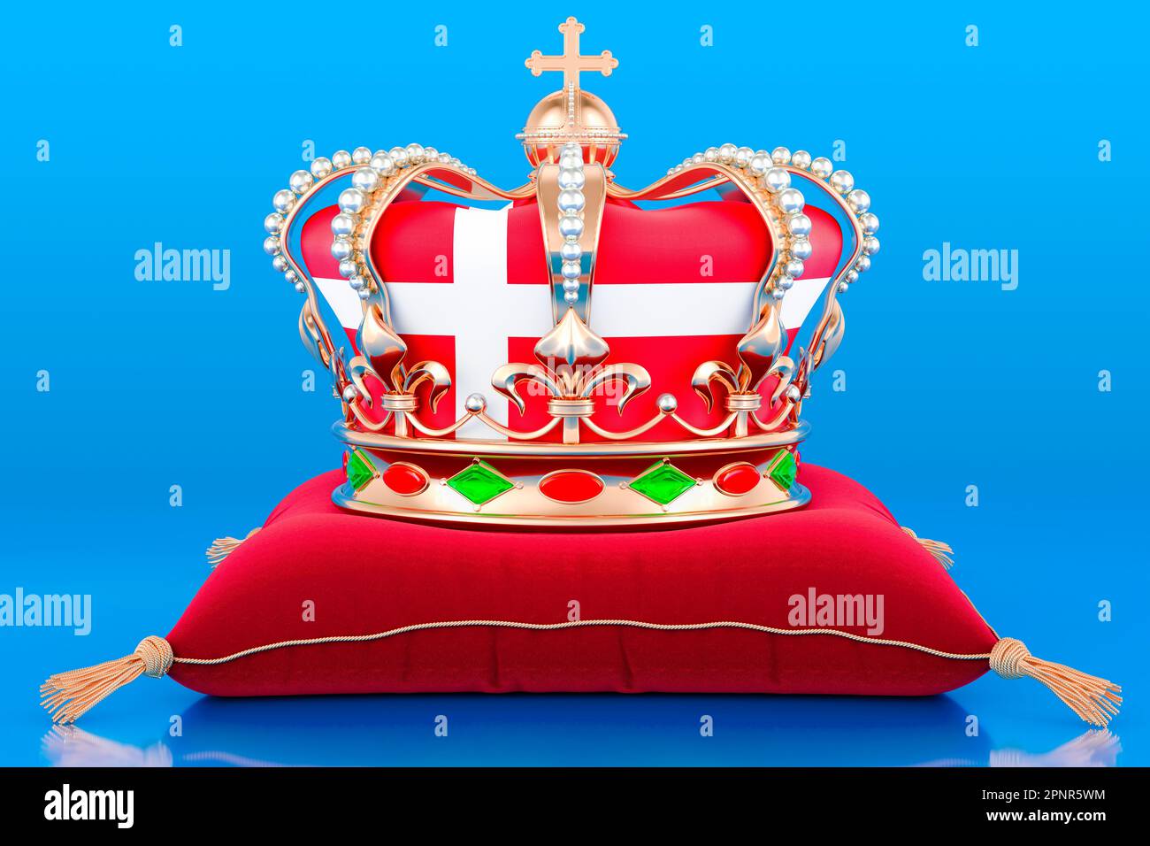 Royal golden crown on pillow with the Kingdom of Denmark flag, 3D rendering isolated on blue background Stock Photo