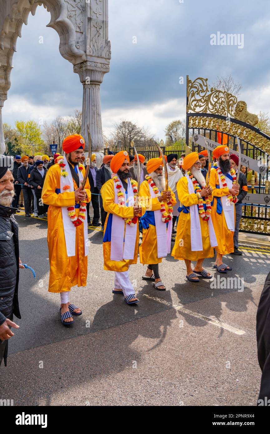 Vaisakhi parade leaving the Siri Guru Nanak Darbar Gurdwara, Gravesend Kent Stock Photo