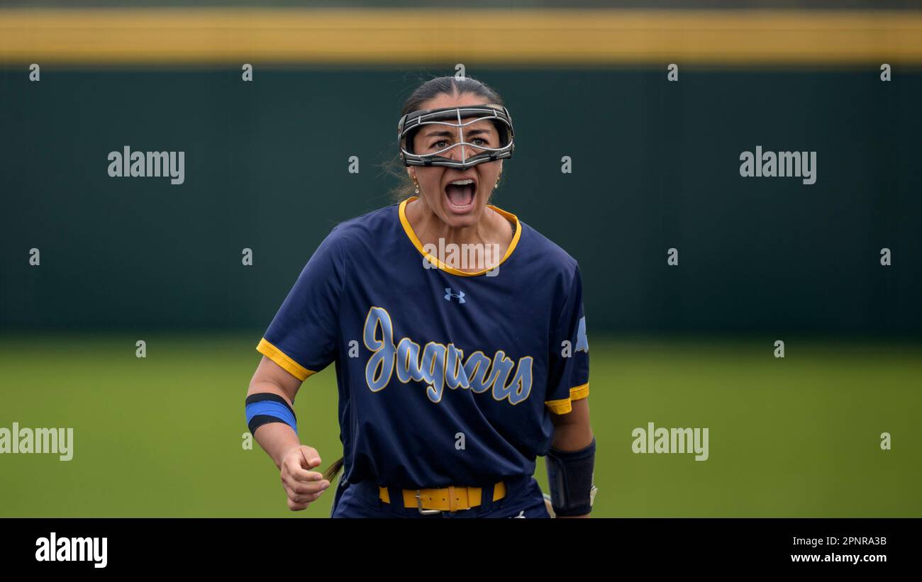 Southern University pitcher Raquel Latta (14) celebrates a strikeout to end the inning against Xavier University of Louisiana during an NCAA softball game on Tuesday, April 18, 2023, in New Orleans