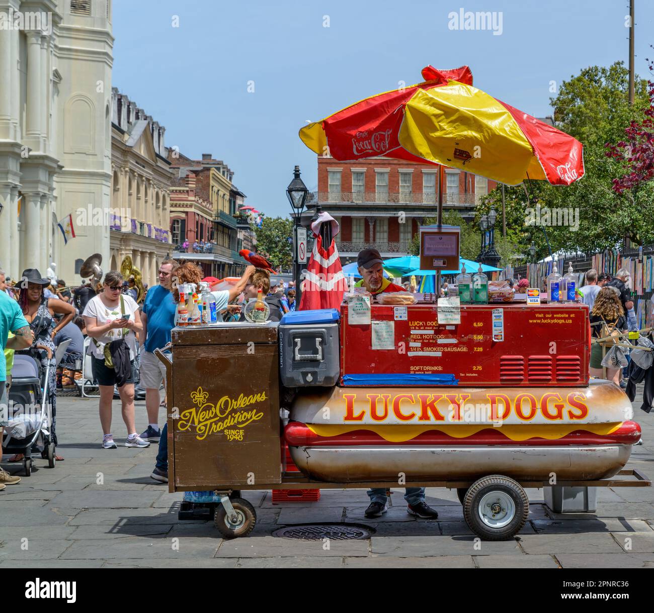 NEW ORLEANS, LA, USA APRIL 16, 2023 Lucky Dog Stand and tourists in