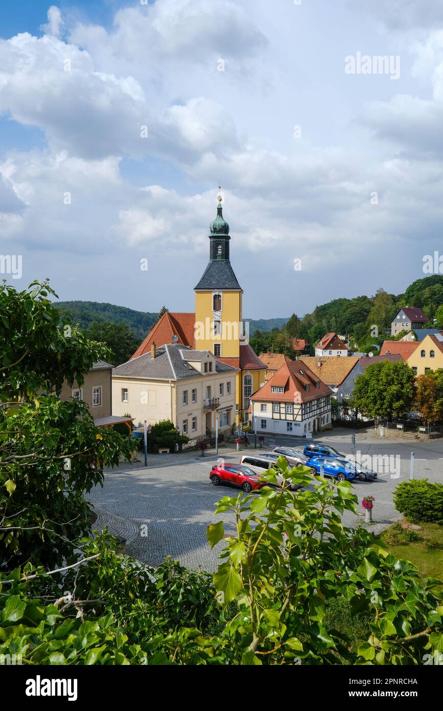 View over the market square of the town of Hohnstein in Saxon Switzerland, Saxony, Germany, Europe. Stock Photo