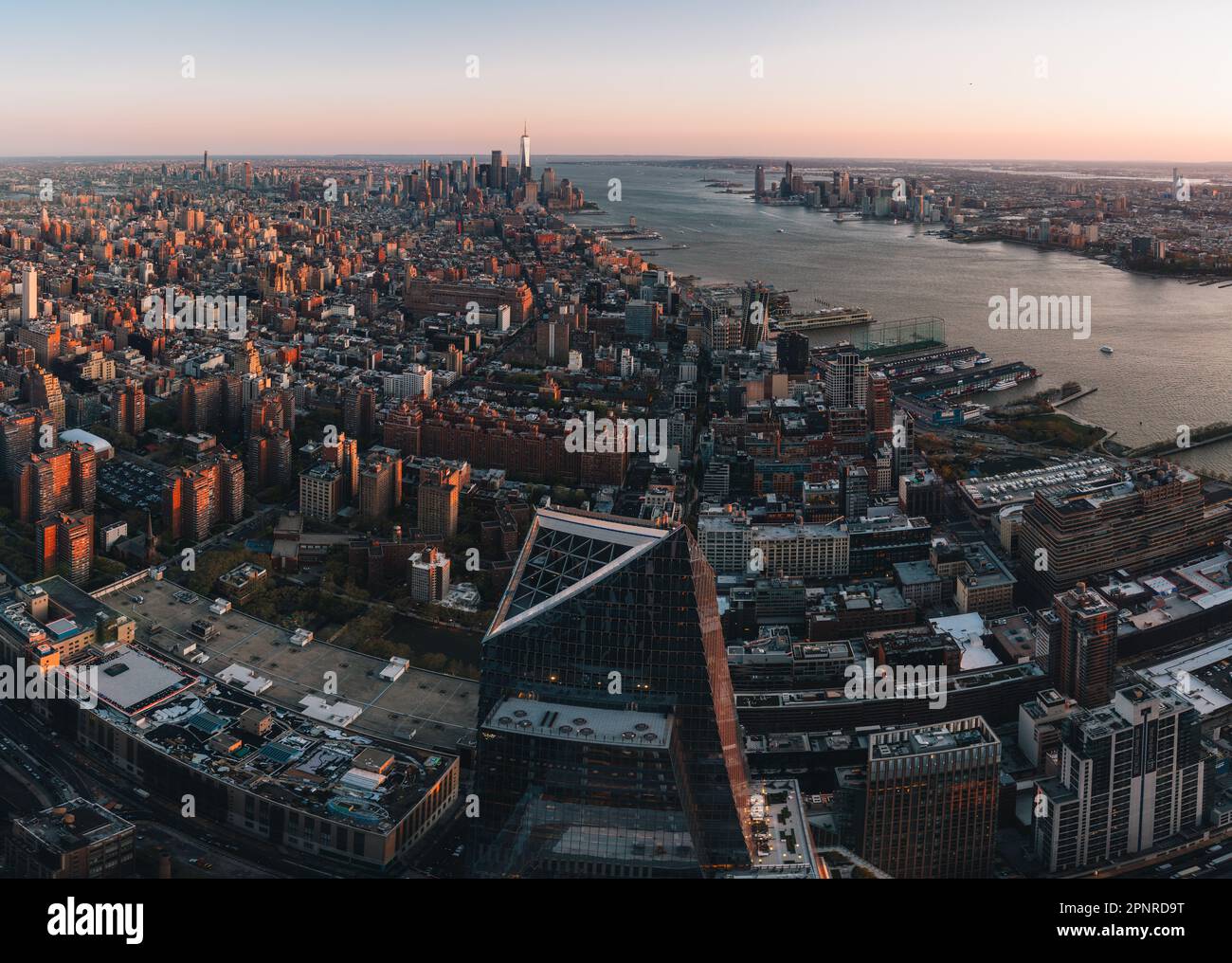 Aerial view of Midtown and lower Manhattan New York City Downtown. Soft ...