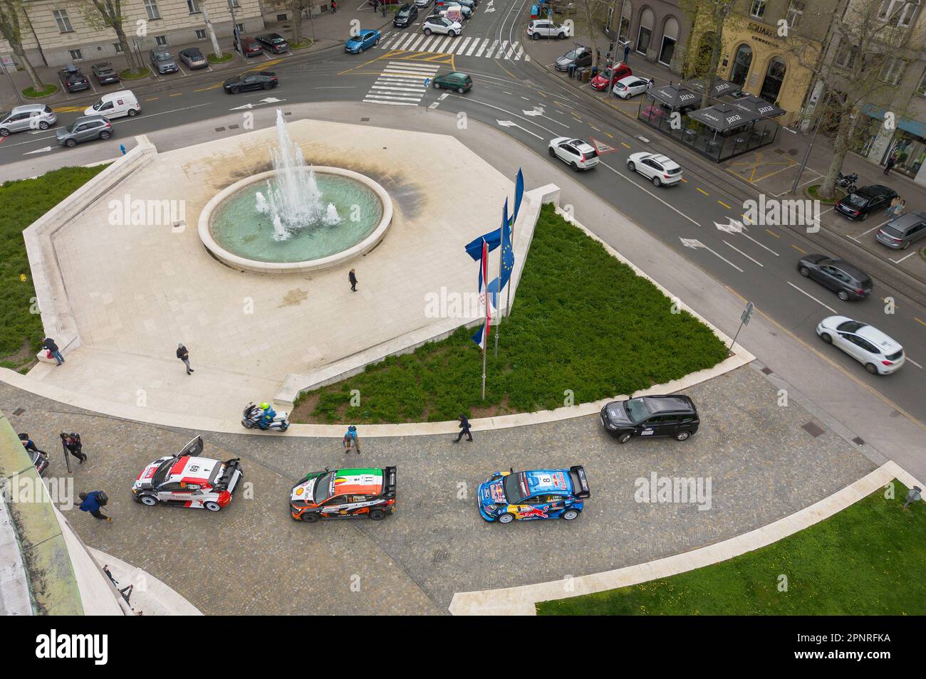 Zagreb, Croatia. 19th Apr, 2023. A dron photo shows parked WRC race