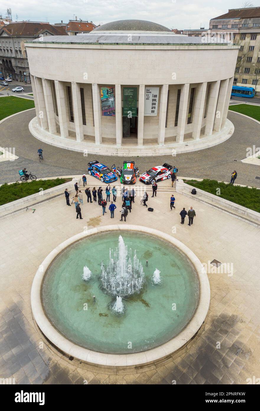 Zagreb, Croatia. 19th Apr, 2023. A dron photo shows parked WRC race
