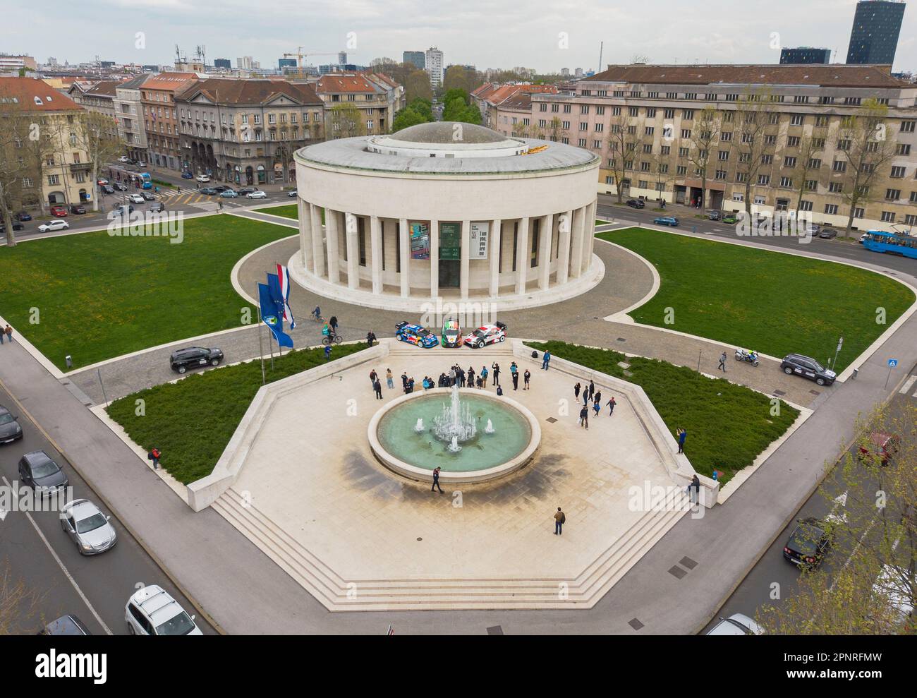 Zagreb, Croatia. 19th Apr, 2023. A dron photo shows parked WRC race