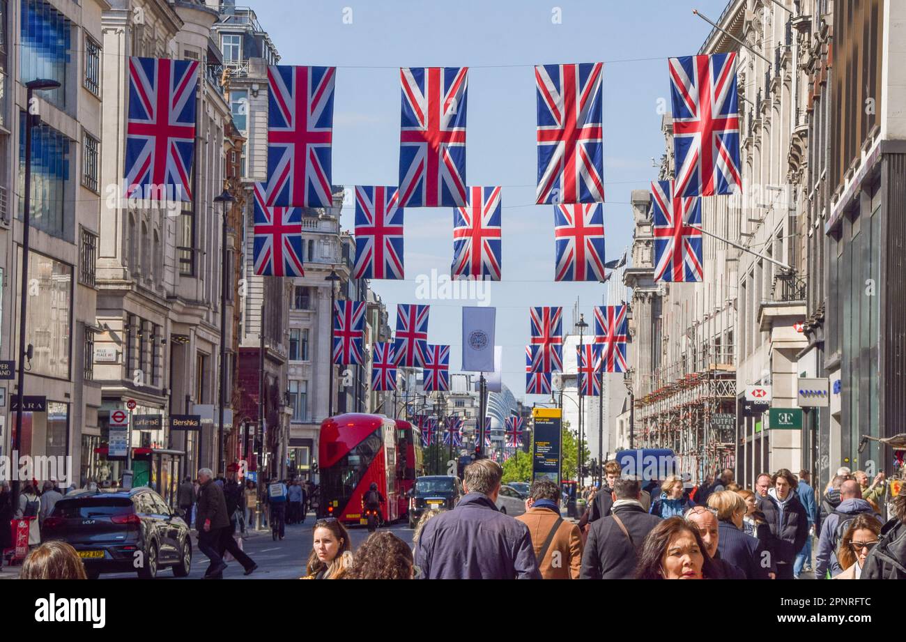 Union Jacks decorate Oxford Street as preparations for the coronation of King Charles III and