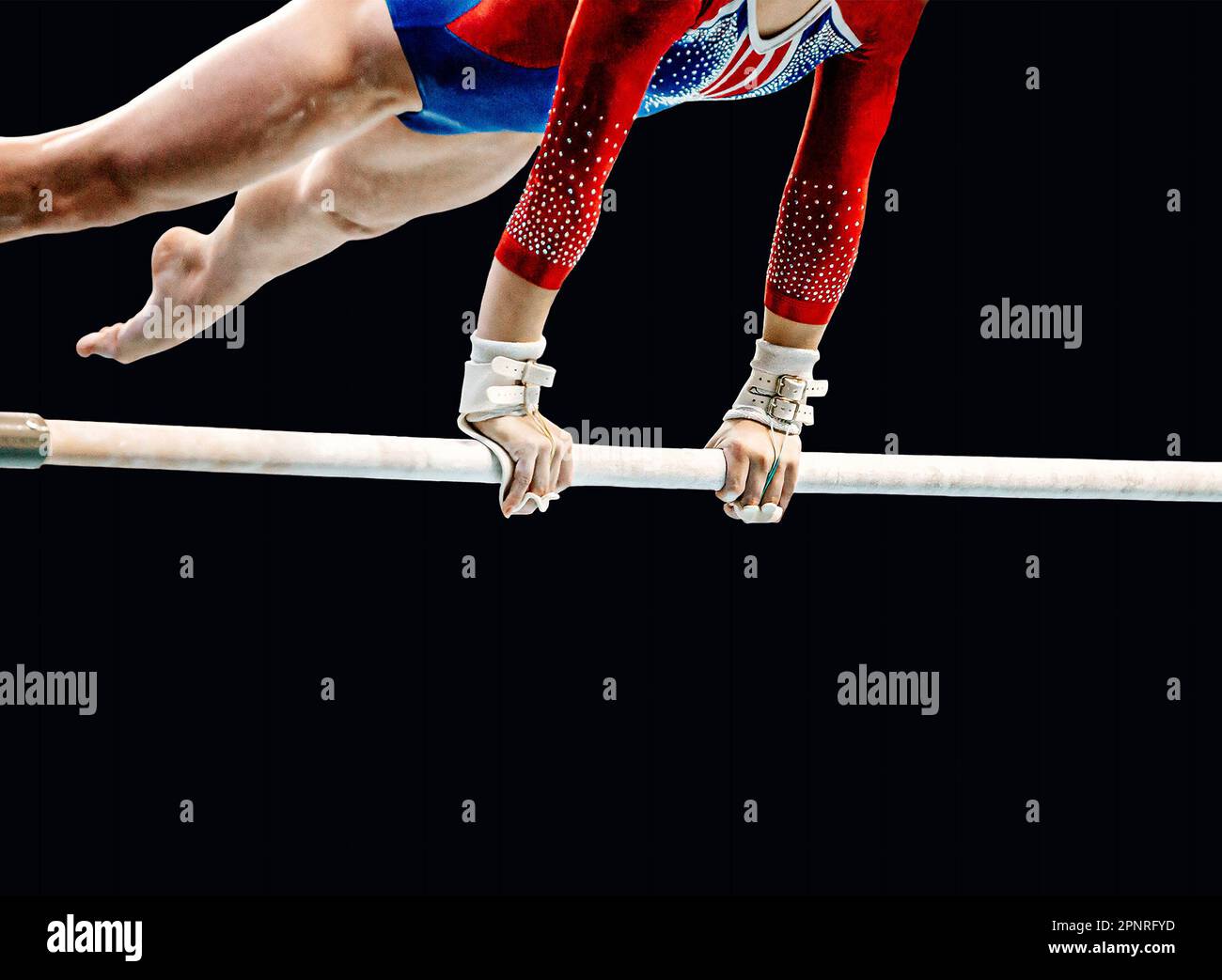 close-up female gymnast exercise on uneven bars in artistic gymnastics, black background, sports summer games Stock Photo