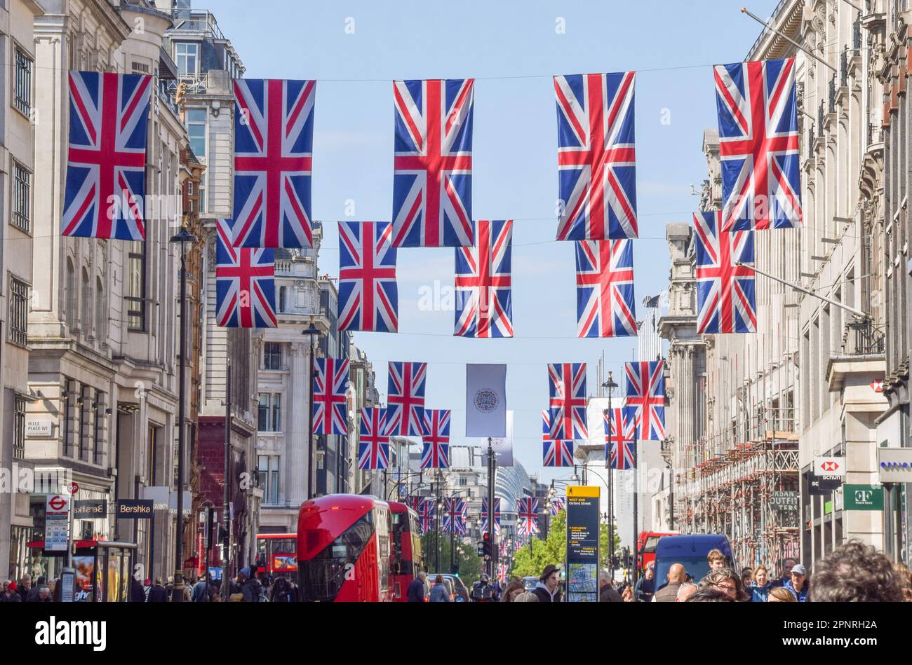 London, UK. 20th Apr, 2023. Union Jacks decorate Oxford Street as preparations for the