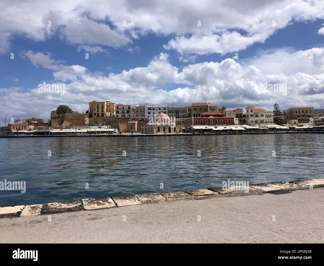 This is a scenic view of the charming old town of Crete, Greece Stock Photo